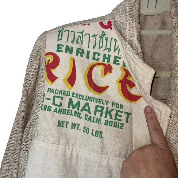 Mens Blazer Size Medium Tan Upcycled Burlap Rice Bag Pockets Open Front - Picture 6 of 10